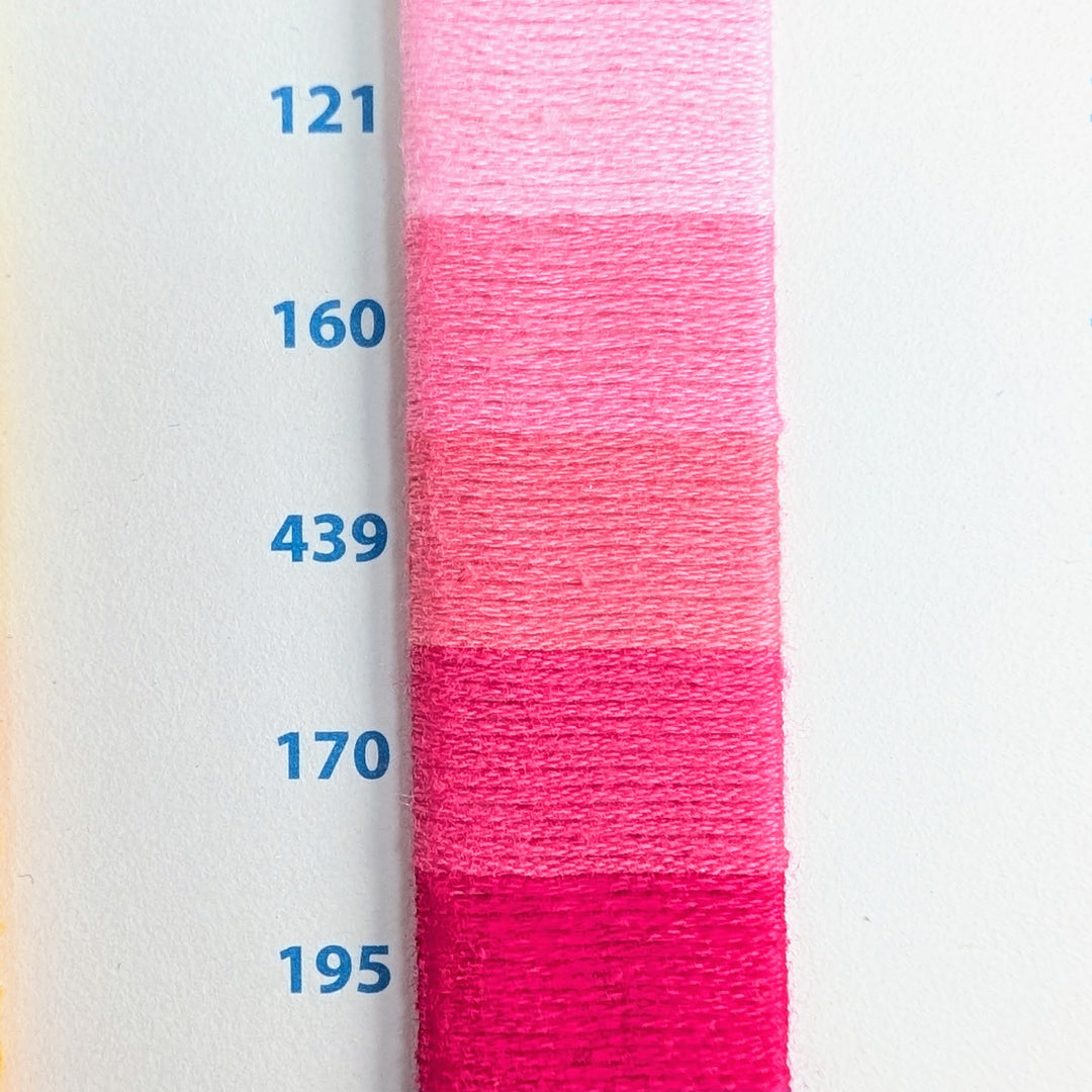 Close-up of five shades of pink embroidery floss in a gradient from light to dark, labeled with numbers, showcasing Hilo Vela El Globo Embroidery Thread (8m Skeins) - Pink for modern needlework and Japanese craft supplies.