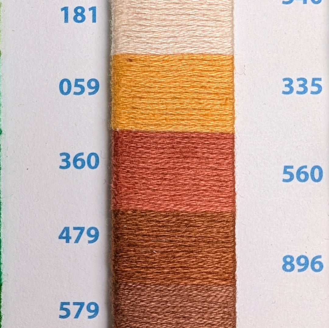 Hilo Vela El Globo Embroidery Thread (8m Skeins) - Brown displayed alongside color chart numbers, showcasing rich shades of brown and warm tones for needlework and embroidery projects.