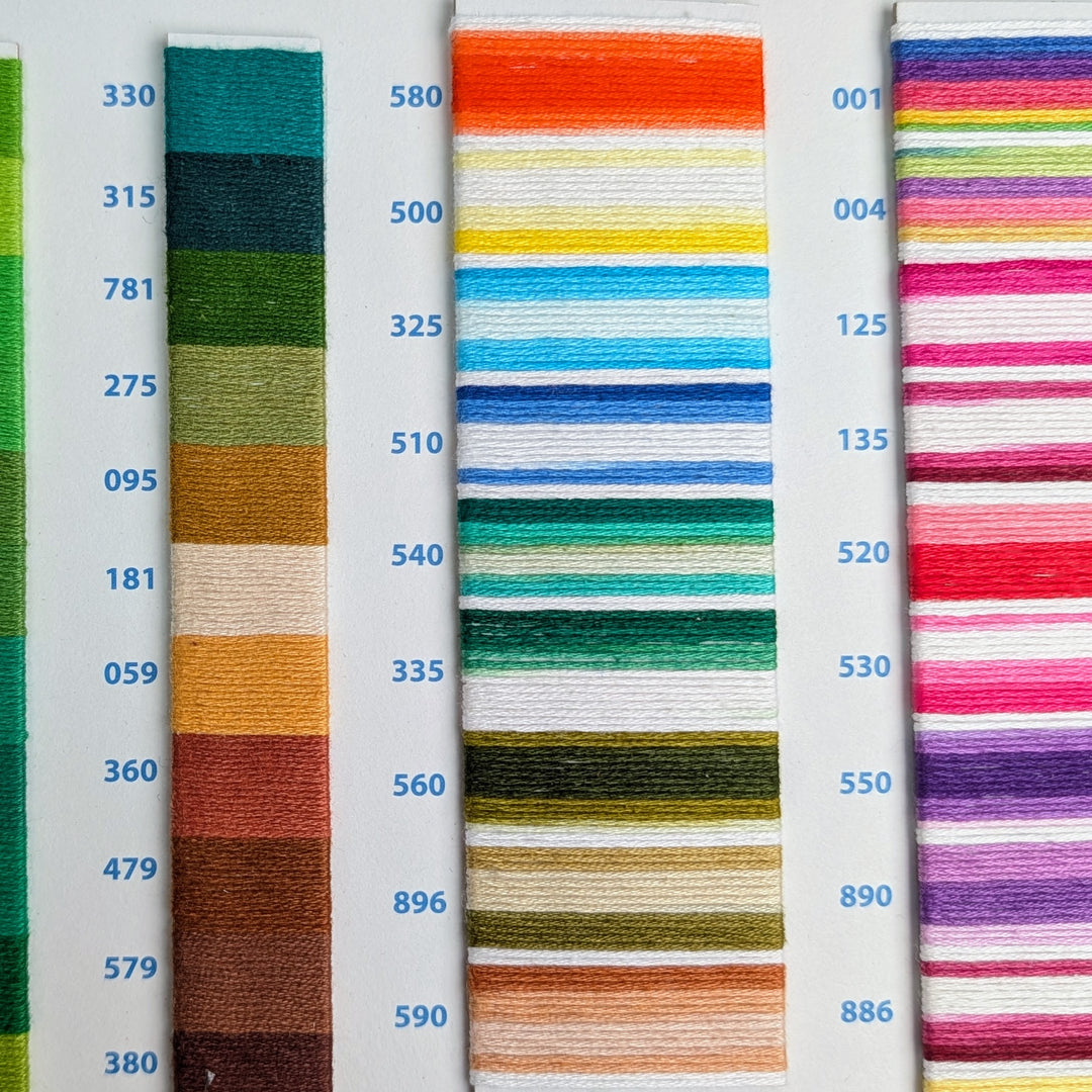 Hilo Vela El Globo Embroidery Thread (8m Skeins) - Variegated One displayed in vibrant color swatches on a thread sample card, ideal for embroidery, cross stitch, and modern needlework with premium Japanese craft supplies.