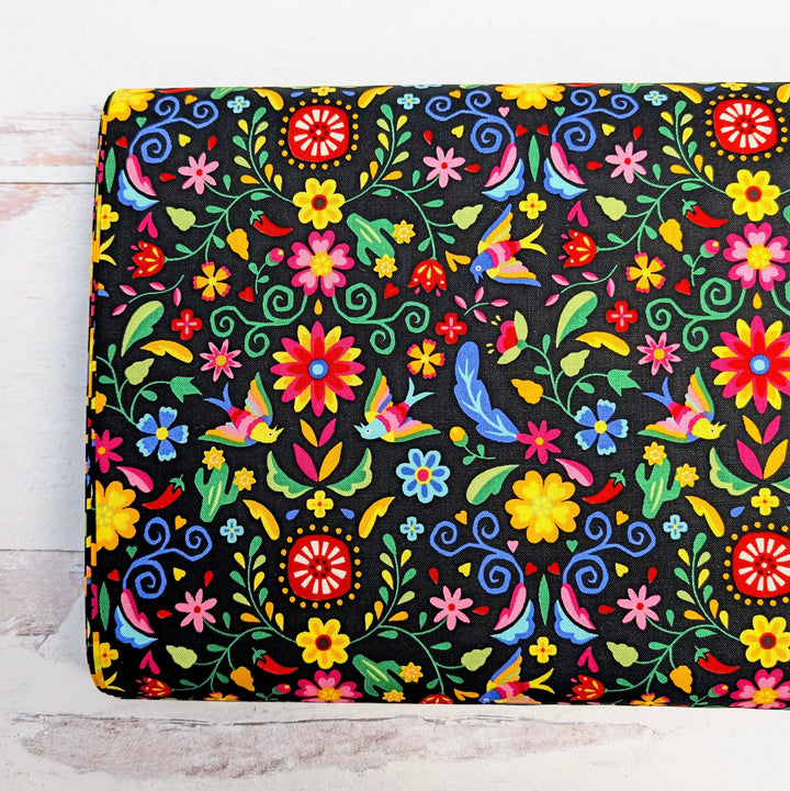 Japanese Cotton Fabric - Otomi Fiesta Floral on Black (NN1911F) featuring a vibrant floral and bird pattern with bright colors on a black background, ideal for modern needlework projects.