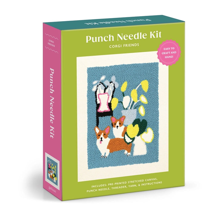 Corgi Friends Punch Needle Kit packaging featuring a colorful punch needle design of two corgis among vases with flowers, highlighting a fun and easy modern needlework craft.