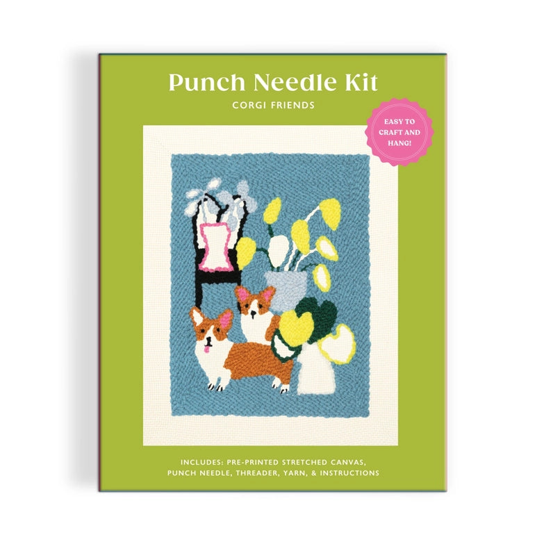 Corgi Friends Punch Needle Kit featuring a colorful design with two corgis and decorative plants on pre-printed stretched canvas for modern needlework crafting.