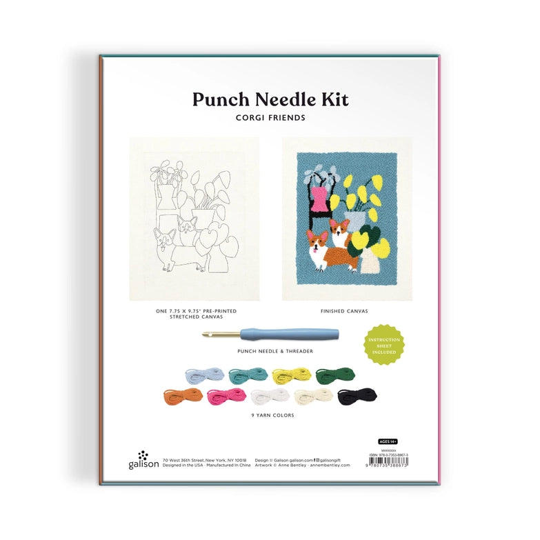 Corgi Friends Punch Needle Kit showing printed canvas, finished colorful corgi design, punch needle tool, threader, and seven vibrant embroidery floss colors for modern needlework.