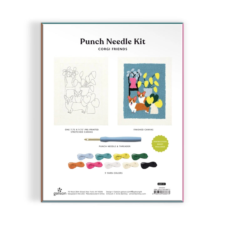 Corgi Friends Punch Needle Kit showing printed canvas, finished colorful corgi design, punch needle tool, threader, and seven vibrant embroidery floss colors for modern needlework.
