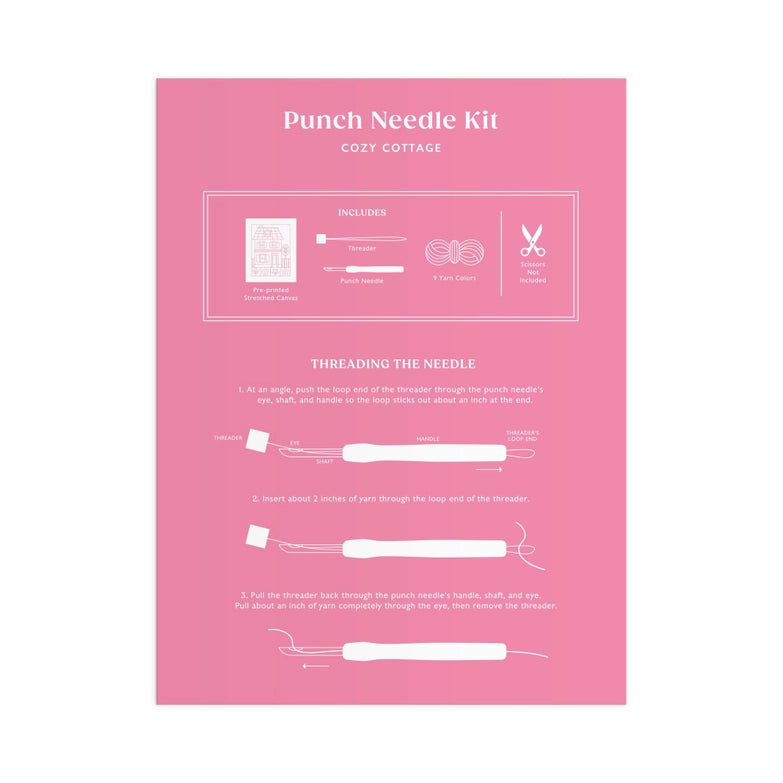 Instructional pink guide showing contents and threading steps for the Cozy Cottage Punch Needle Kit, featuring embroidery floss and needlecraft tools.
