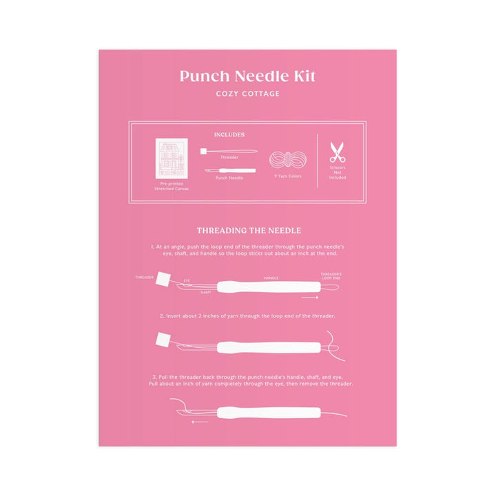 Instructional pink guide showing contents and threading steps for the Cozy Cottage Punch Needle Kit, featuring embroidery floss and needlecraft tools.
