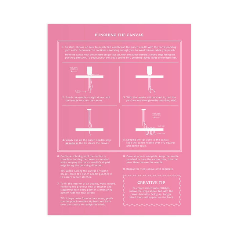 Instruction sheet for the Cozy Cottage Punch Needle Kit showing step-by-step guide on how to punch the canvas with diagrams on a pink background.