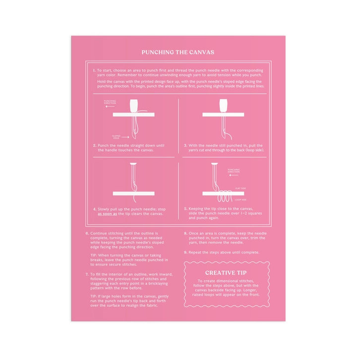 Instruction sheet for the Cozy Cottage Punch Needle Kit showing step-by-step guide on how to punch the canvas with diagrams on a pink background.