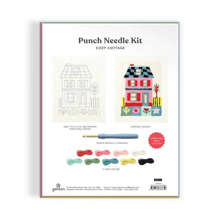 Cozy Cottage Punch Needle Kit featuring a cozy house design with pre-printed canvas, punch needle tool, threader, and nine colorful embroidery threads for modern needlework craft.