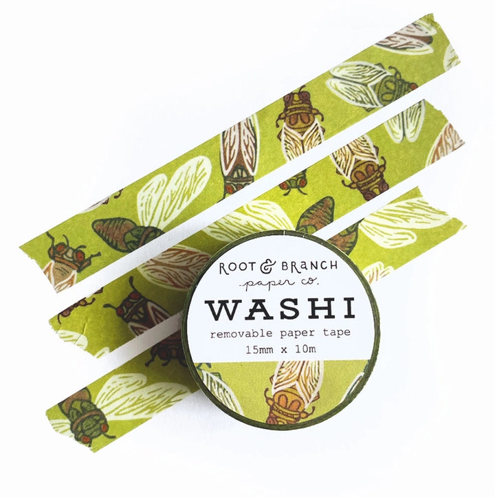 Cicadas Washi Tape featuring green background with detailed cicada illustrations, ideal for Japanese craft supplies, stationery, and modern needlework projects.