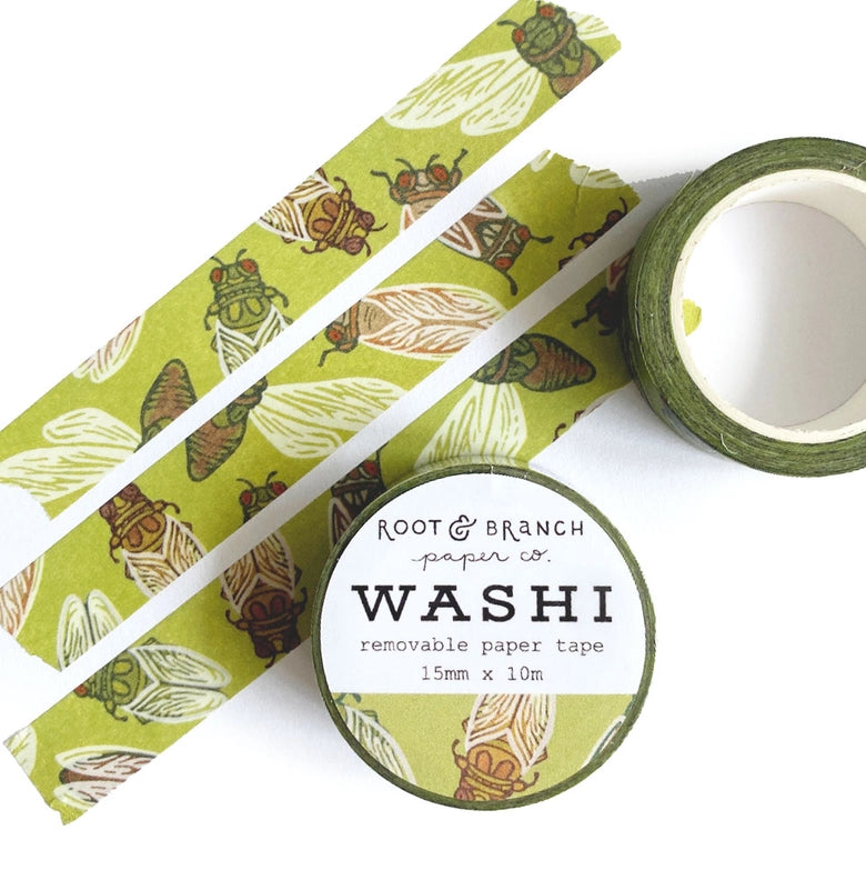 Cicadas Washi Tape featuring detailed cicada illustrations on a green background, ideal for Japanese stationery, crafting, and modern needlework projects.