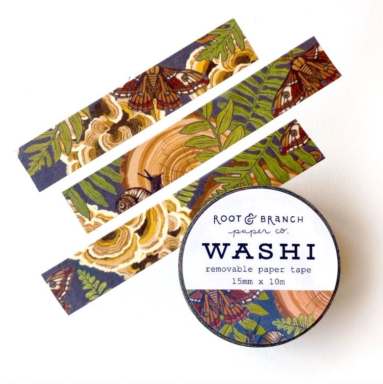 Mushroom Grove Washi Tape featuring detailed illustrations of mushrooms, ferns, tree rings, and butterflies in earthy tones, ideal for Japanese stationery and modern needlework crafts.