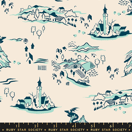Fabric pattern with illustrated landscapes and buildings on a beige background, featuring Ruby Star Society label.