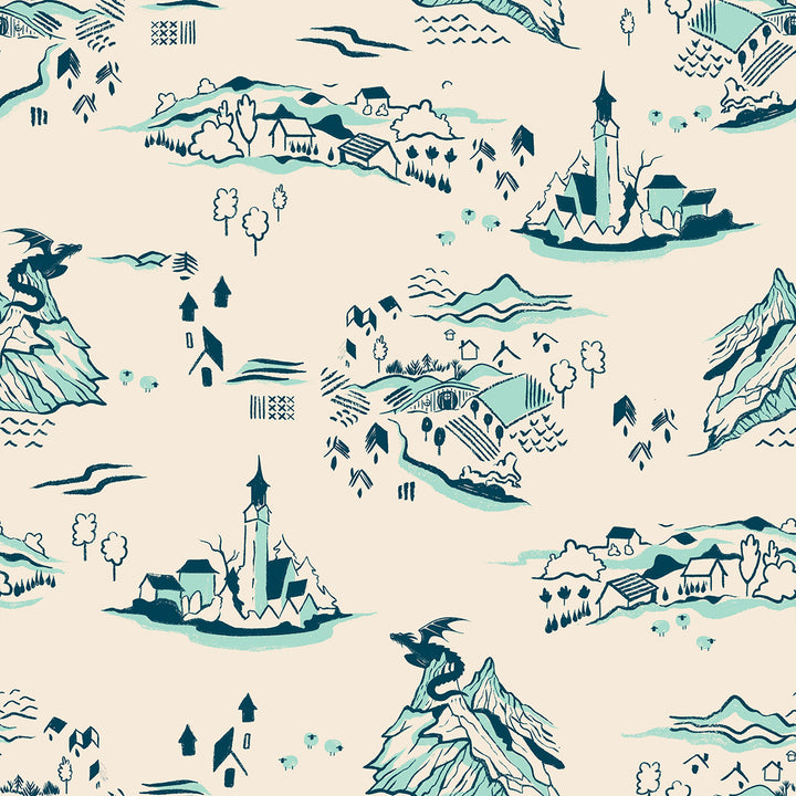 Castles and pastoral villages on on white background cotton fabric