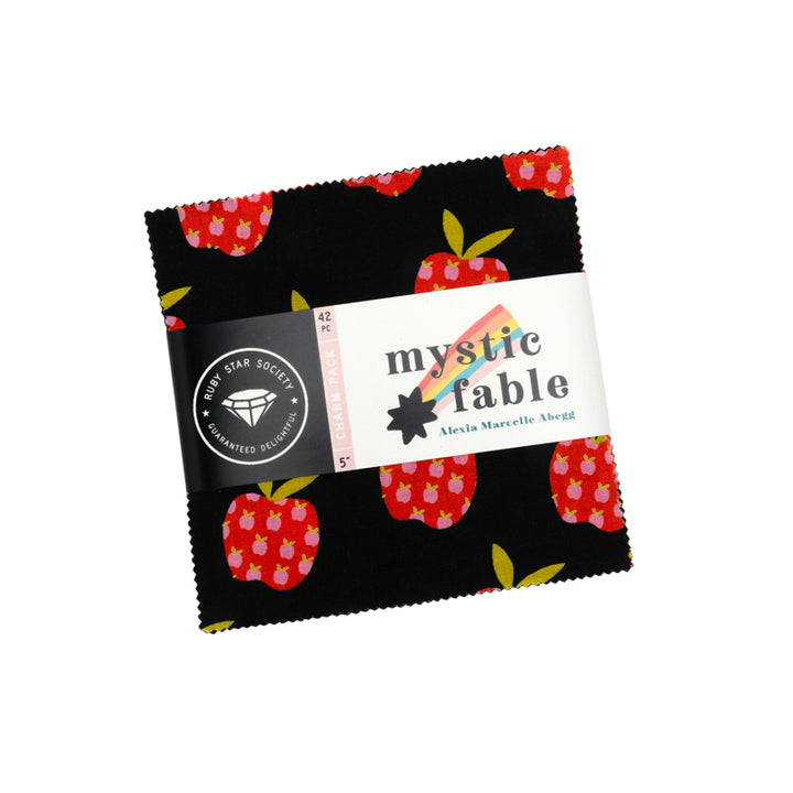 5" Cotton Fabric Charm Pack - Ruby Star Society Mystic Fable featuring colorful apple prints on black fabric, ideal for quilting and modern needlework projects.