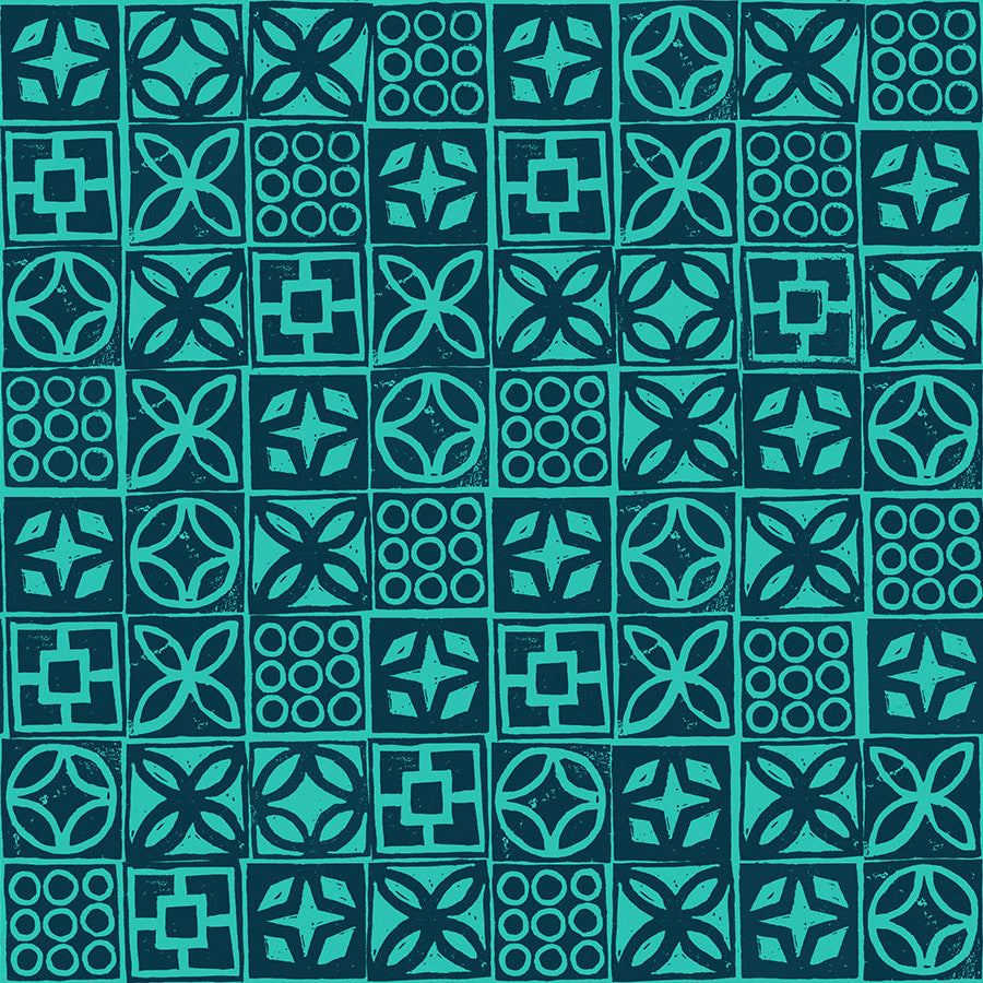 Pattern of geometric shapes in teal on a blue background