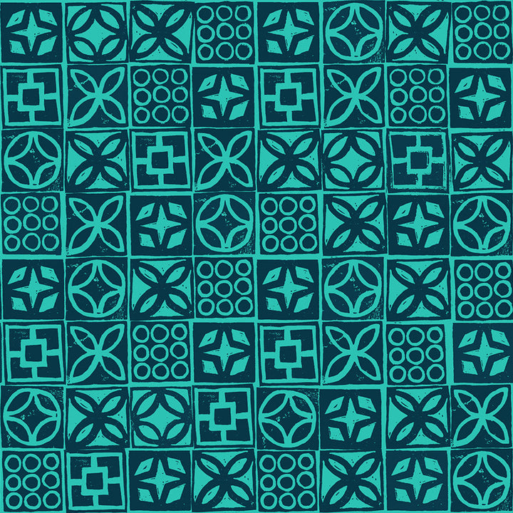 Pattern of geometric shapes in teal on a blue background