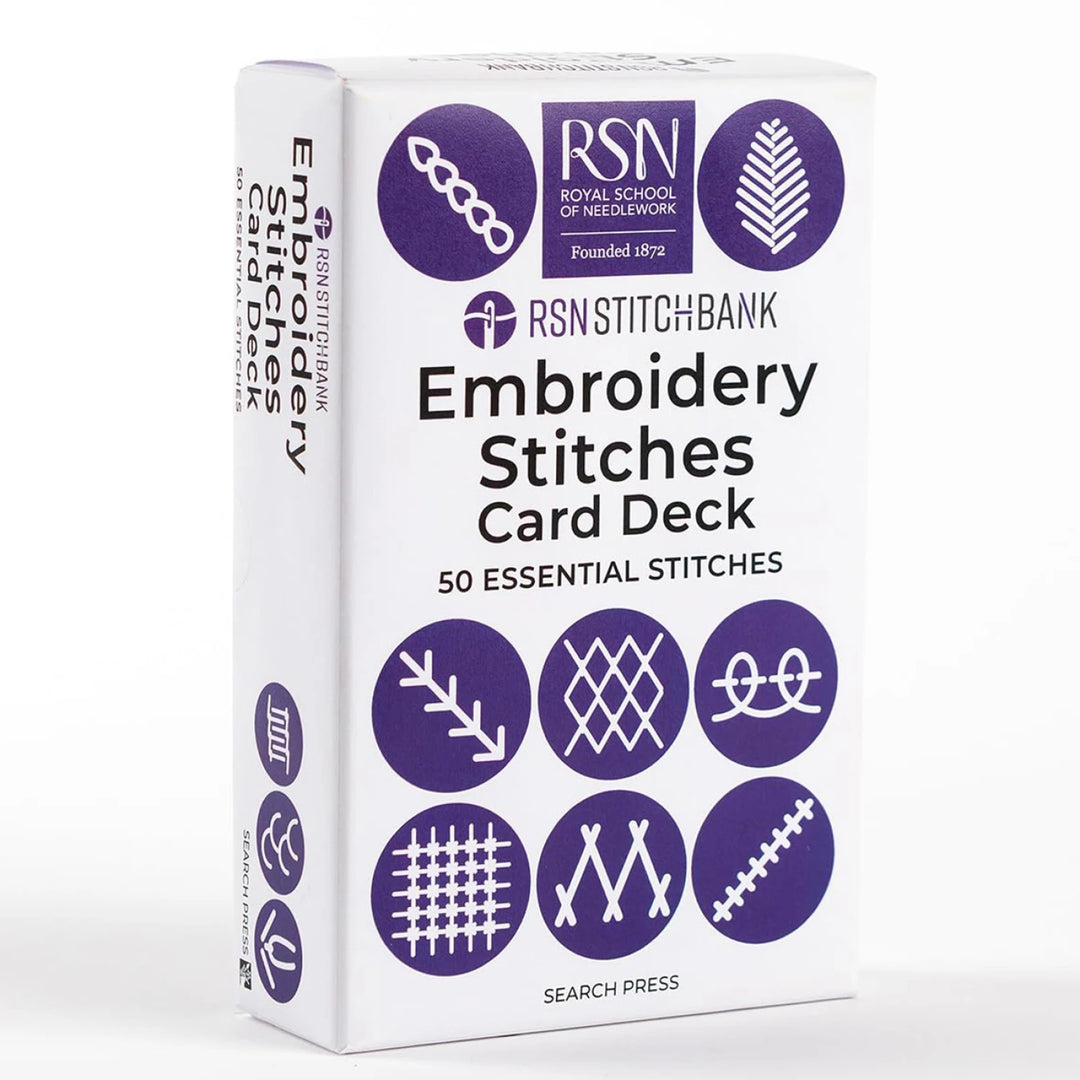 RSN Stitch Bank: The Embroidery Stitches Card Deck packaging showing a white box with purple stitch illustrations highlighting 50 essential embroidery stitches for modern needlework and craft enthusiasts.