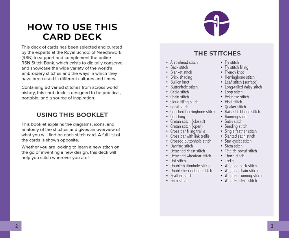 Instructional booklet pages for RSN Stitch Bank: The Embroidery Stitches Card Deck detailing how to use the deck and listing 50 embroidery stitches, including arrowhead stitch, satin stitch, French knot, and whipped stem stitch.
