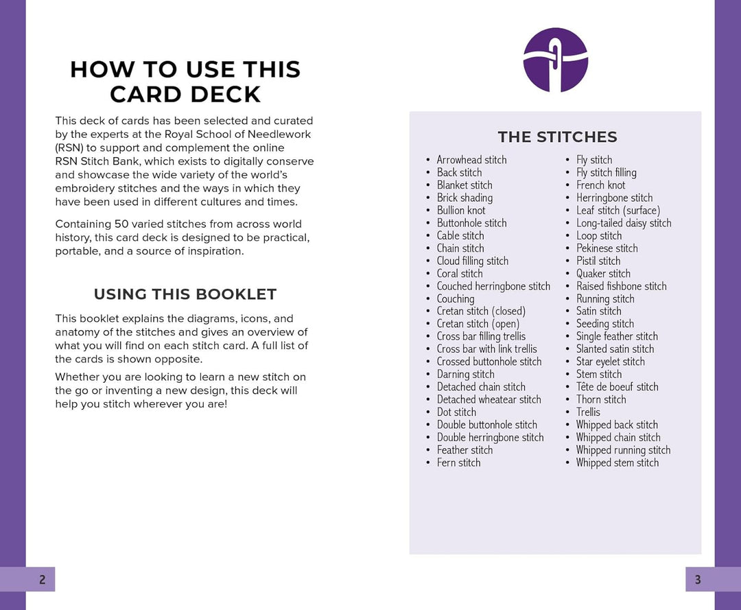 Instructional booklet pages for RSN Stitch Bank: The Embroidery Stitches Card Deck detailing how to use the deck and listing 50 embroidery stitches, including arrowhead stitch, satin stitch, French knot, and whipped stem stitch.