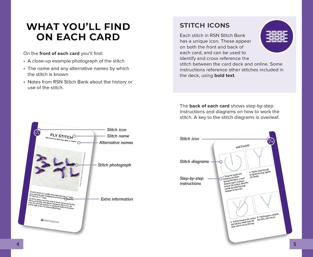 Open informational spread from RSN Stitch Bank: The Embroidery Stitches Card Deck showing detailed stitch icons, close-up stitch photographs, step-by-step embroidery stitch instructions, and notes explaining how to use the cards for modern needlework and embroidery projects.