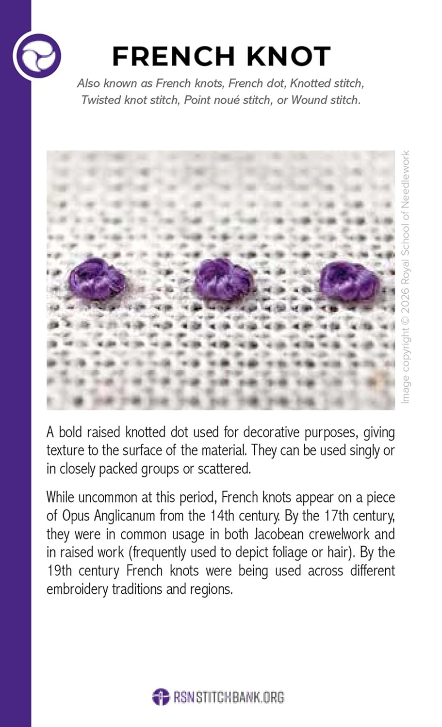 Close-up of three purple French knot stitches on aida cloth, shown on an instructional card from RSN Stitch Bank: The Embroidery Stitches Card Deck, designed to teach modern needlework techniques.