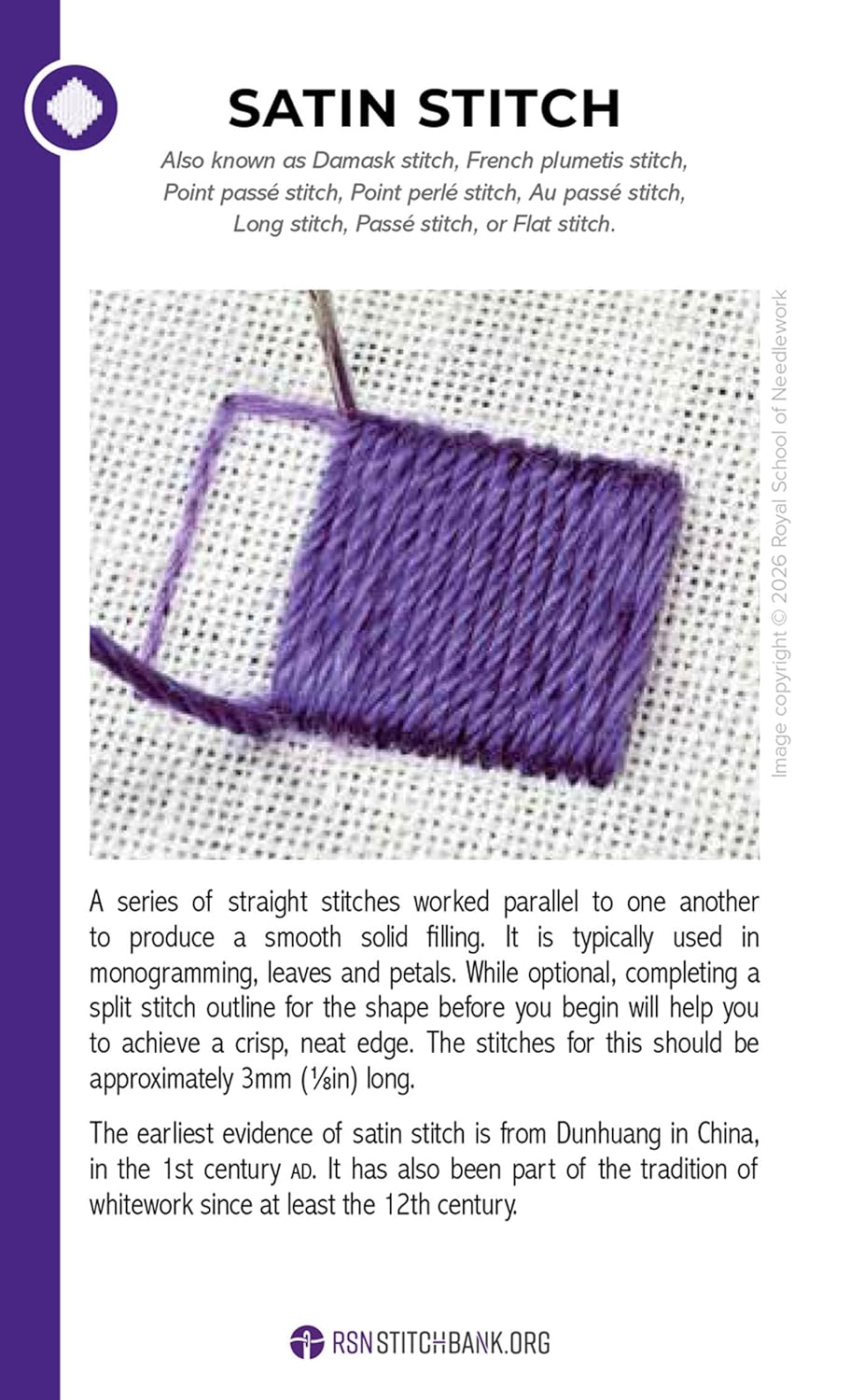 Close-up of detailed purple satin stitch embroidery on white aida cloth, shown on an instructional card from RSN Stitch Bank: The Embroidery Stitches Card Deck highlighting a smooth, parallel needlework technique.
