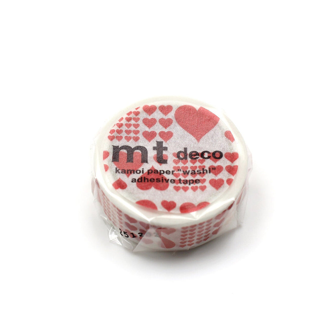Washi tape with different size red hearts on white background in packaging
