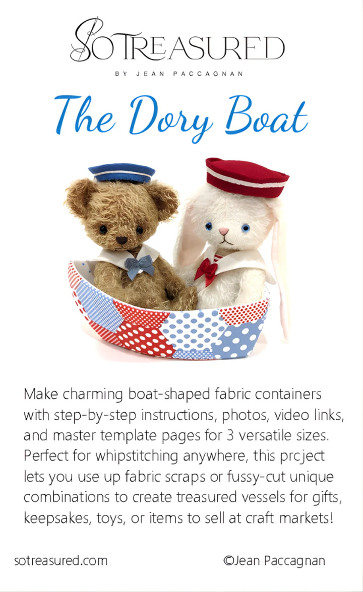 English Paper Piecing Bowls Pattern - The Dory Boat showing a small boat-shaped fabric container with red, white, and blue patchwork holding a plush bear and rabbit wearing sailor hats and collars.