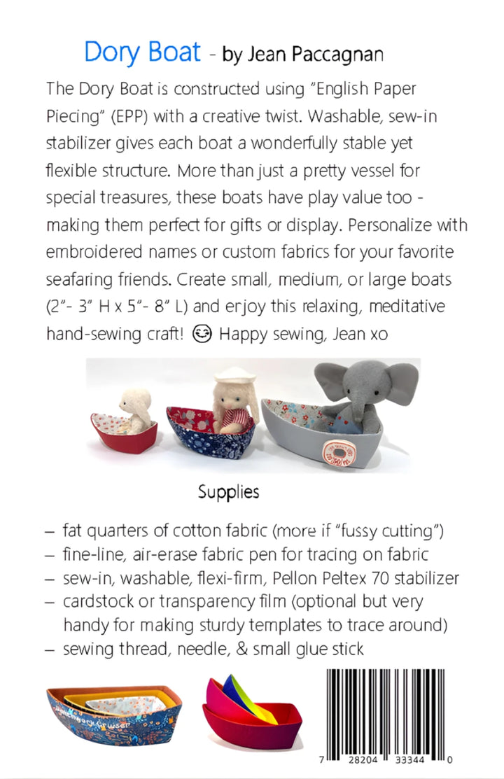 English Paper Piecing Bowls Pattern - The Dory Boat instructions showing a description and supplies list for creating fabric boats with customizable designs, featuring three small fabric boats with stuffed animal passengers.