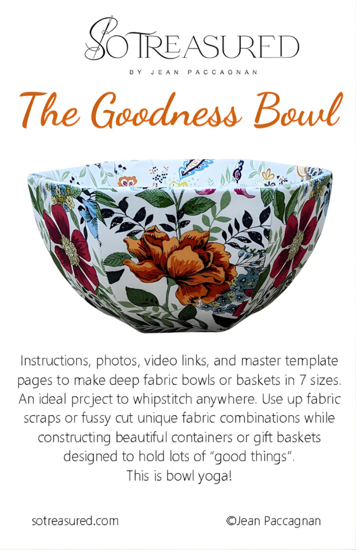 Fabric bowl with a detailed floral pattern featuring large red, orange, and blue flowers and green leaves, representing the English Paper Piecing Bowls Pattern - The Goodness Bowl.