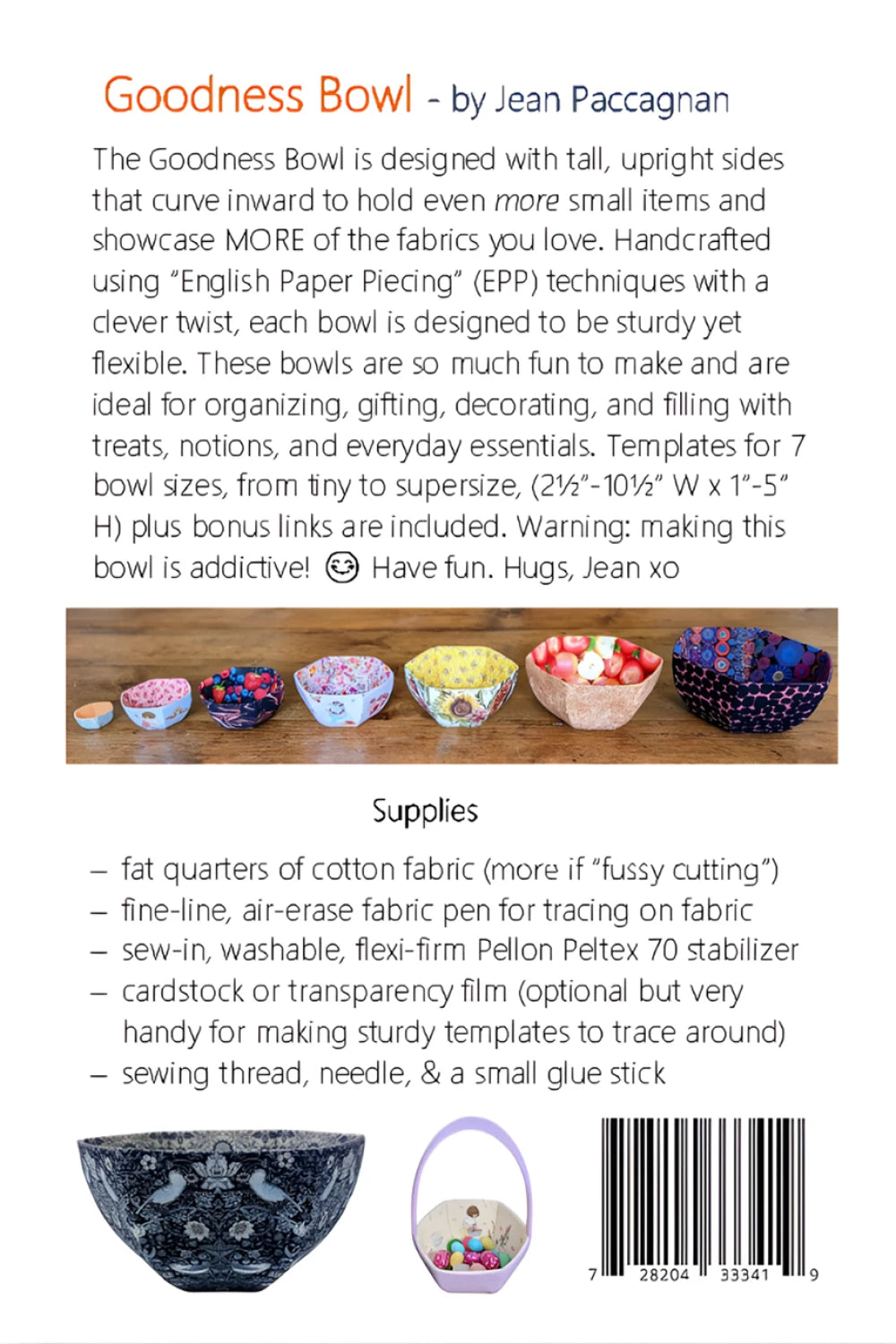 Set of seven handcrafted fabric bowls in various sizes and colorful patterns displayed in a row, showcasing the English Paper Piecing Bowls Pattern - The Goodness Bowl for modern needlework and sewing enthusiasts.