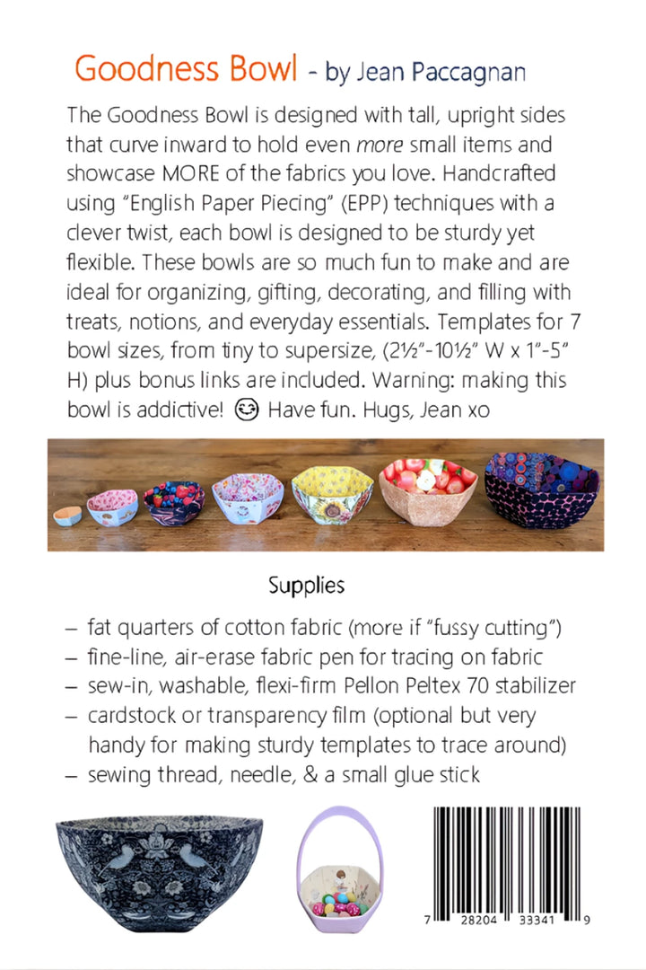 Set of seven handcrafted fabric bowls in various sizes and colorful patterns displayed in a row, showcasing the English Paper Piecing Bowls Pattern - The Goodness Bowl for modern needlework and sewing enthusiasts.