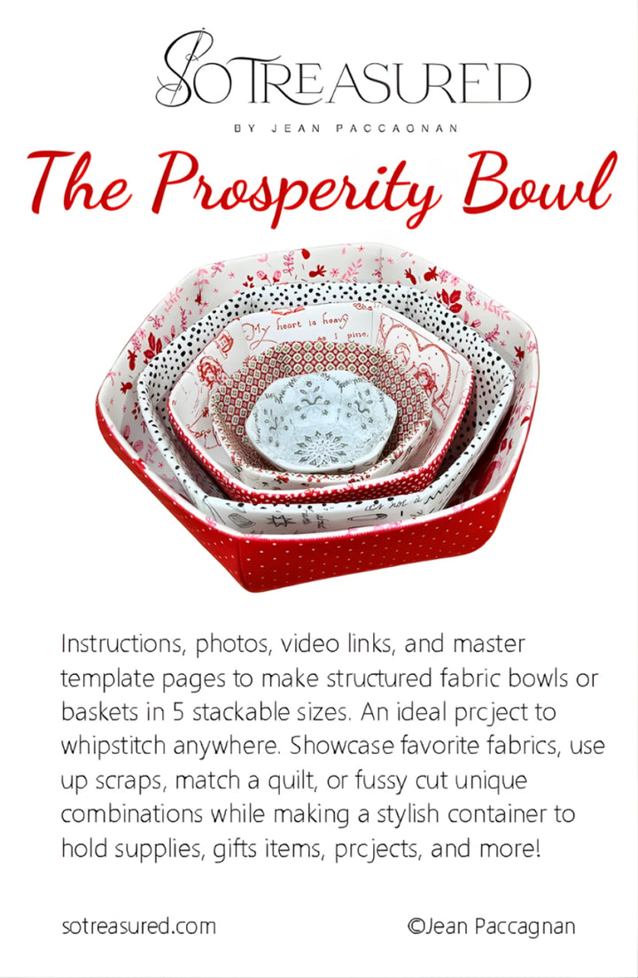 English Paper Piecing Bowls Pattern - The Prosperity Bowl features five stackable fabric bowls with various red, white, and patterned designs, ideal for quilting and modern needlework projects.