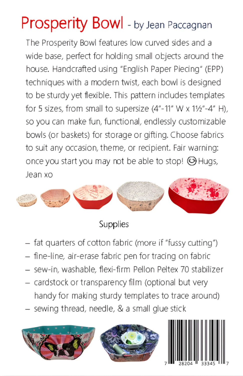 Back view of the English Paper Piecing Bowls Pattern - The Prosperity Bowl packaging with detailed description, supply list, and images of fabric bowls in various sizes and colors designed for modern needlework crafting.