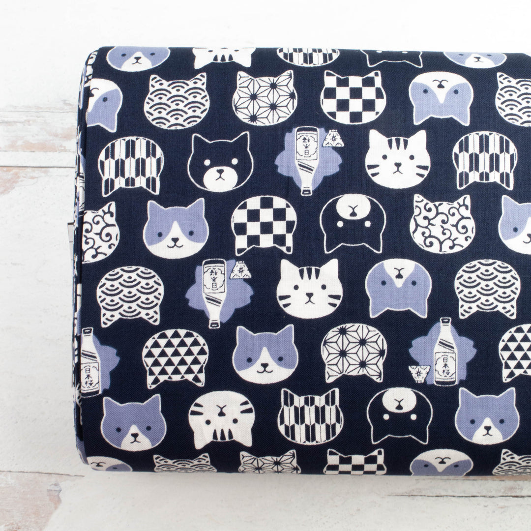 Japanese Cotton Fabric - Cat Faces with Traditional Japanese Designs in Blue (A5030-29D)