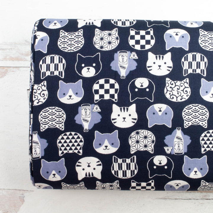 Japanese Cotton Fabric - Cat Faces with Traditional Japanese Designs in Blue (A5030-29D)