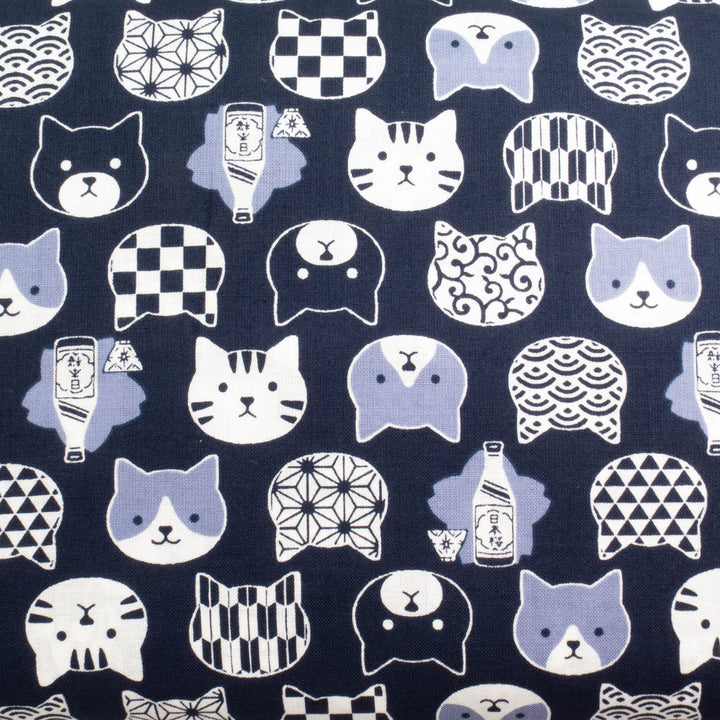 Japanese Cotton Fabric - Cat Faces with Traditional Japanese Designs in Blue (A5030-29D)