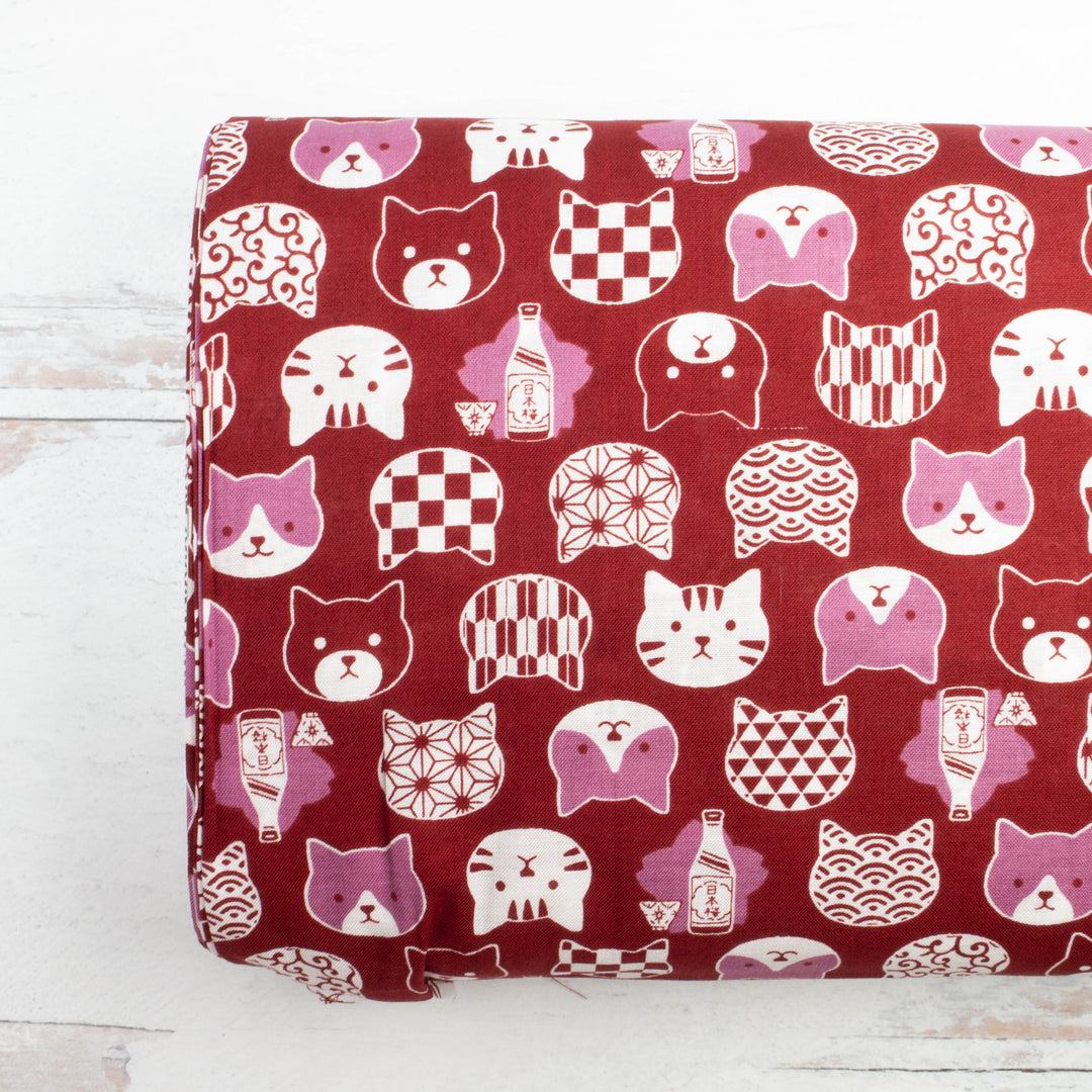 Cotton Fabric - Cat Faces with Traditional Japanese Designs in Red (A5030-29C)