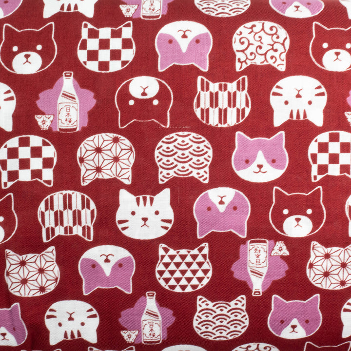 Cotton Fabric - Cat Faces with Traditional Japanese Designs in Red (A5030-29C)
