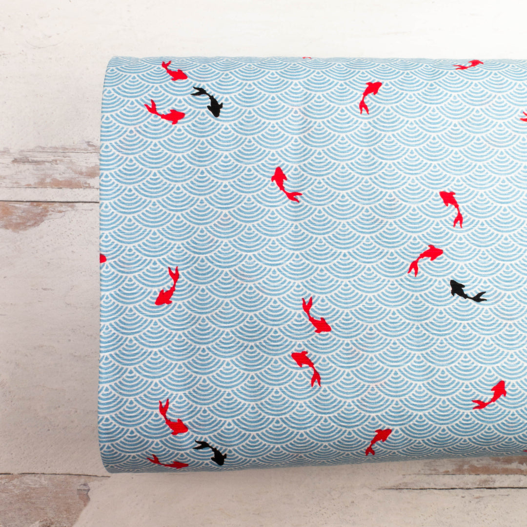 Japanese Cotton Dobby Fabric - Red Koi Fish on Blue Waves (1026-1551C)
