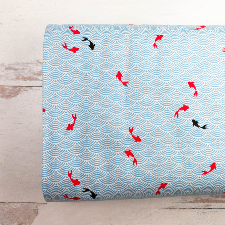 Japanese Cotton Dobby Fabric - Red Koi Fish on Blue Waves (1026-1551C)