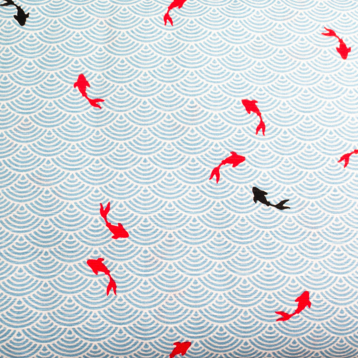 Japanese Cotton Dobby Fabric - Red Koi Fish on Blue Waves (1026-1551C)