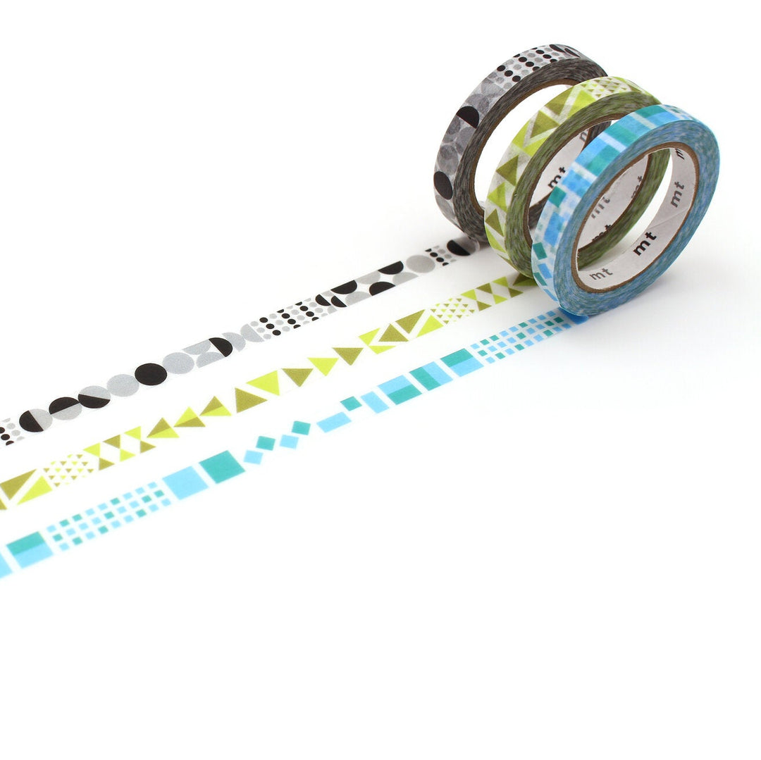 Japanese Washi Tape Collection - mt slim Deco Geometric (3 pack) featuring three rolls with geometric patterns in black, green, and blue, ideal for Japanese craft supplies and modern needlework projects.
