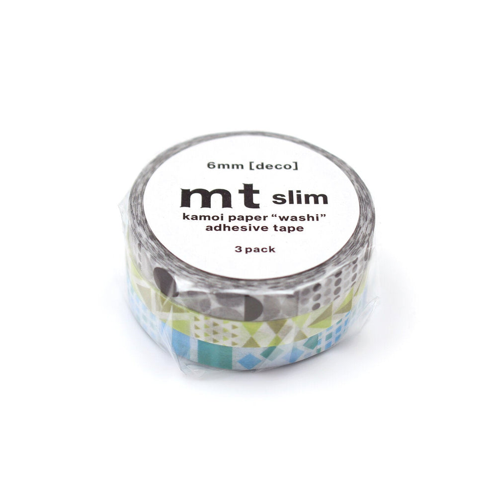 Japanese Washi Tape Collection - mt slim Deco Geometric (3 pack) featuring three rolls of 6mm decorative adhesive tape with colorful geometric patterns, ideal for Japanese craft supplies and modern needlework projects.