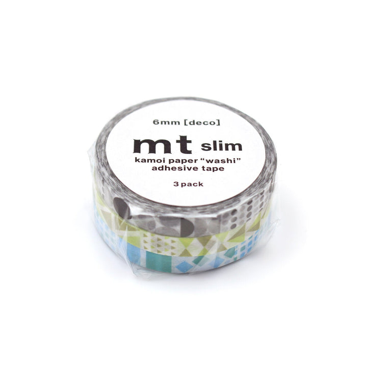 Japanese Washi Tape Collection - mt slim Deco Geometric (3 pack) featuring three rolls of 6mm decorative adhesive tape with colorful geometric patterns, ideal for Japanese craft supplies and modern needlework projects.