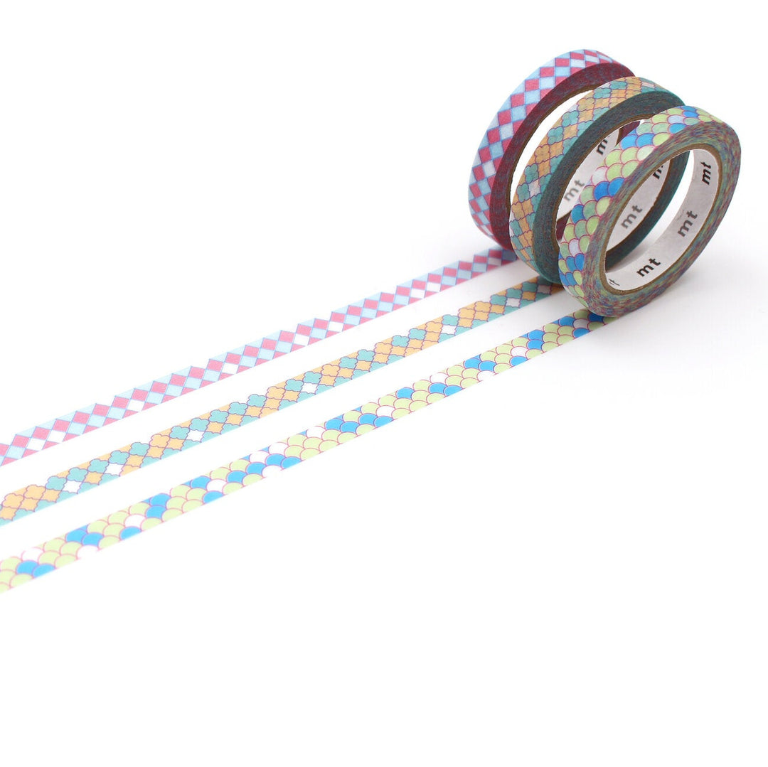 Japanese Washi Tape Collection - mt slim Deco Tile (3 pack) featuring three slim rolls of decorative tape with colorful geometric and tile-inspired patterns, perfect for Japanese craft supplies and stationery projects.