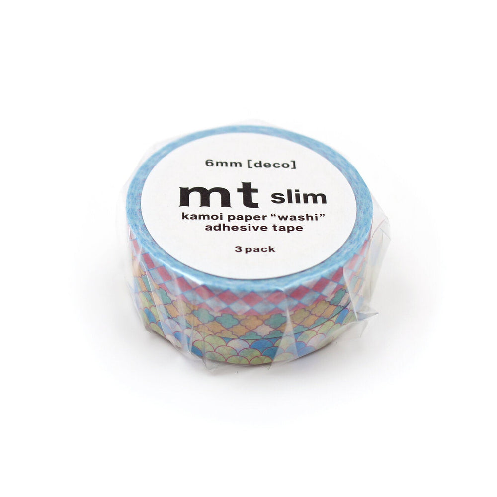 Japanese Washi Tape Collection - mt slim Deco Tile (3 pack) featuring slim 6mm rolls of decorative adhesive tape with a colorful tile pattern for modern needlework and Japanese craft supplies.