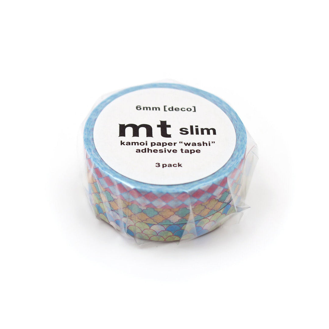 Japanese Washi Tape Collection - mt slim Deco Tile (3 pack) featuring slim 6mm rolls of decorative adhesive tape with a colorful tile pattern for modern needlework and Japanese craft supplies.