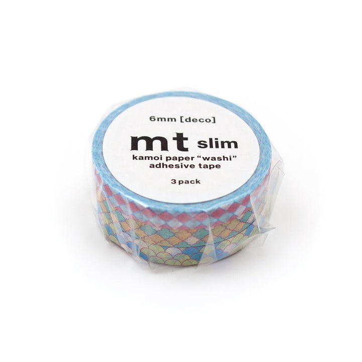 Japanese Washi Tape Collection - mt slim Deco Tile (3 pack) featuring slim 6mm rolls of decorative adhesive tape with a colorful tile pattern for modern needlework and Japanese craft supplies.